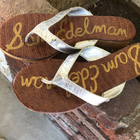 Sam Edelman Shoes - SAM EDELMAN TANYA SILVER THONG FLIP FLOPS FAUX LEATHER CORK - Size 8 M -…